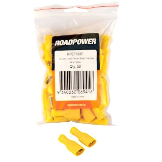 Crimp Terminal Female Blade 9.5mmx1.2mm Fully Insulated Yellow Pkt 50