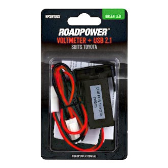 AUX Voltmeter USB 2.1A Suits Toyota OE Style Includes Harness 39 x 21mm Green LED