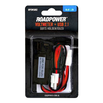 AUX Voltmeter USB 2.1A Suits Holden/Isuzu OE Style Inc Harness 33 x 23mm Blue LED
