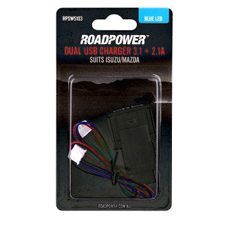 Switch Roadpower USB 3.1 + 2.1 A Suits Isuzu/Mazda Includes Harness 32.8 x 22mm Blue LED