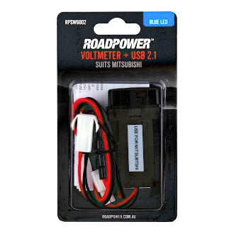 AUX Voltmeter USB 2.1A Suits Mitsubishi OE Style Inc Harness 37 x 18mm Blue LED