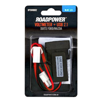 AUX Voltmeter USB 2.1A Suits Ford/Mazda OE Style Inc. Harness 39 x 23.6mm Blue LED